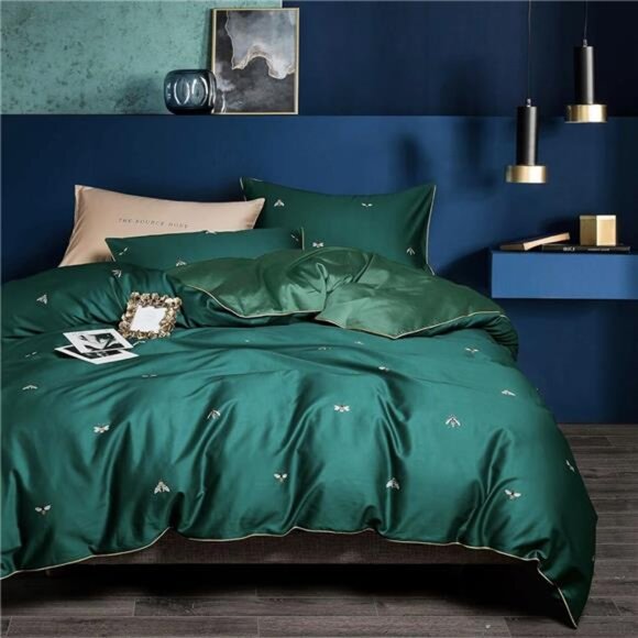 NEW Anthro Emerald Green Bee Boho Queen / King Size Bedding Duvet Sham Case Set - Picture 3 of 13